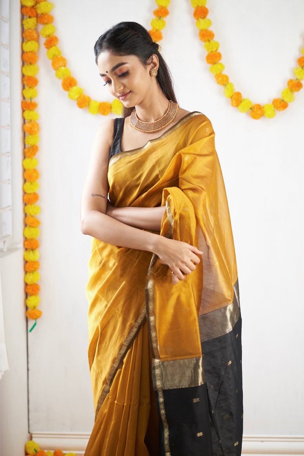 Pumpkin Mustard Maheshawari Cotton Silk Saree