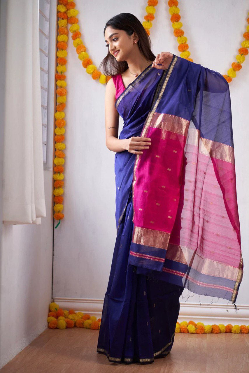 Nile Blue Maheshawari Cotton Silk Saree