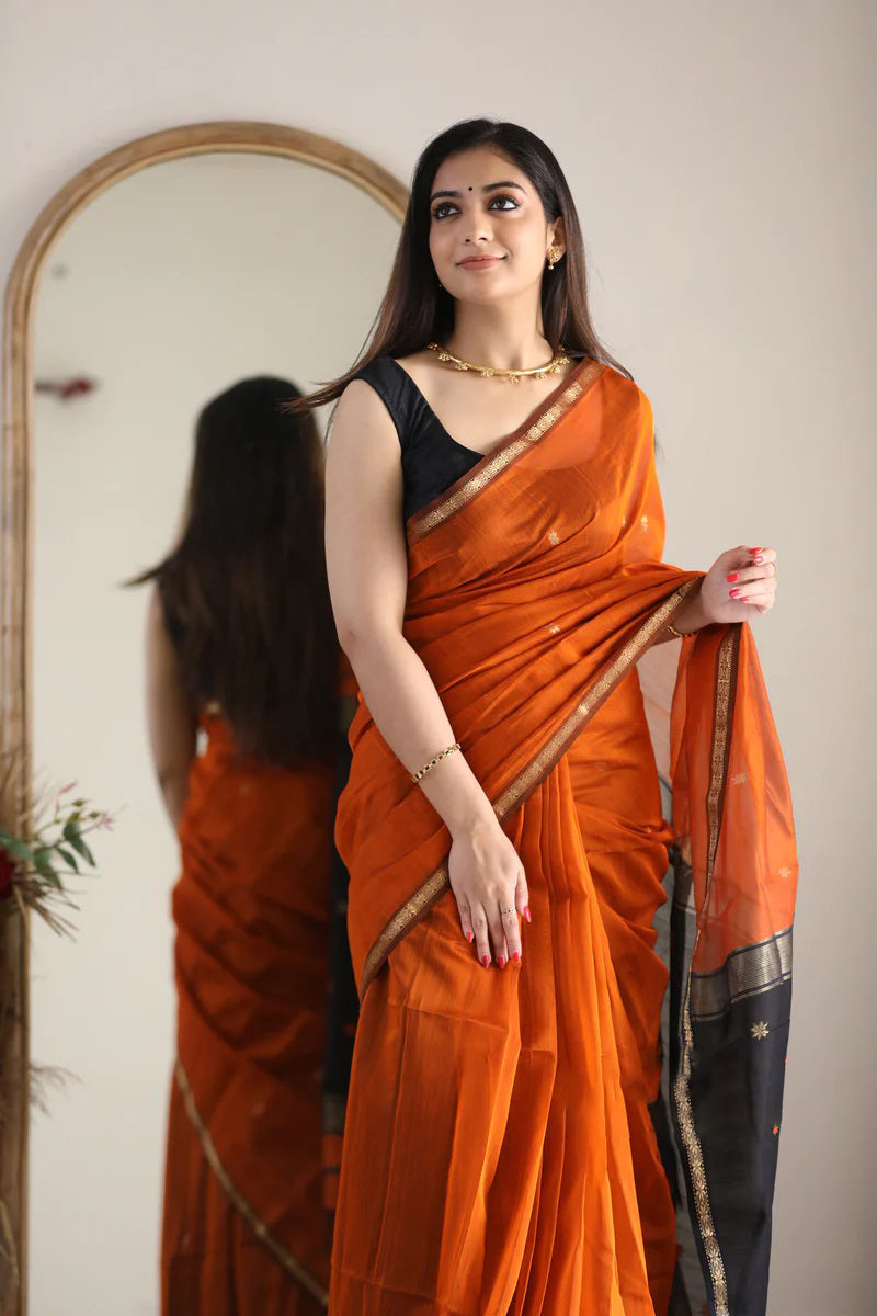 Rusty Orange Maheshawari Cotton Silk Saree