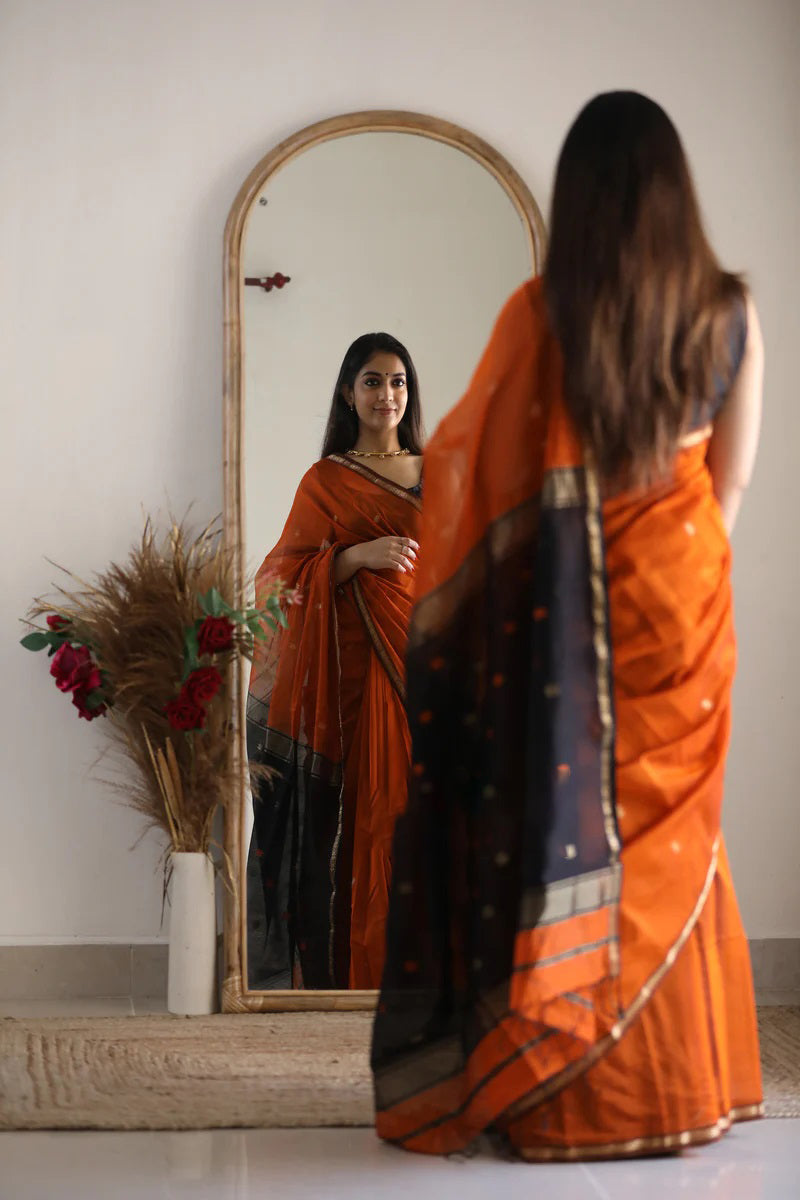 Rusty Orange Maheshawari Cotton Silk Saree