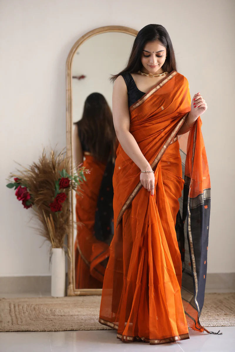 Rusty Orange Maheshawari Cotton Silk Saree