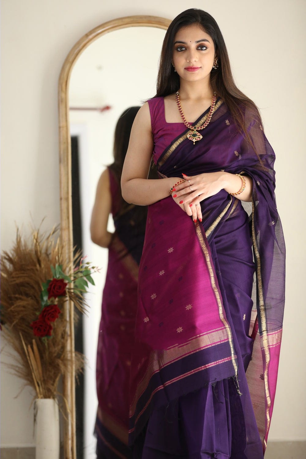 Palatinate Purple Maheshawari Cotton Silk Saree