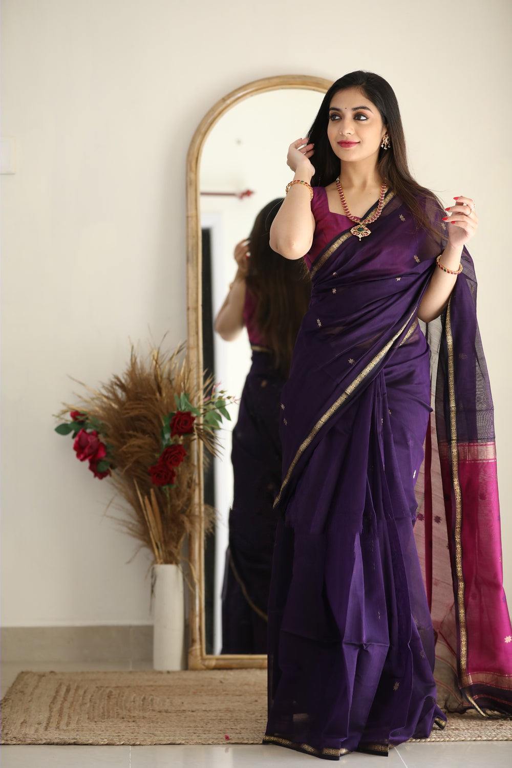 Palatinate Purple Maheshawari Cotton Silk Saree