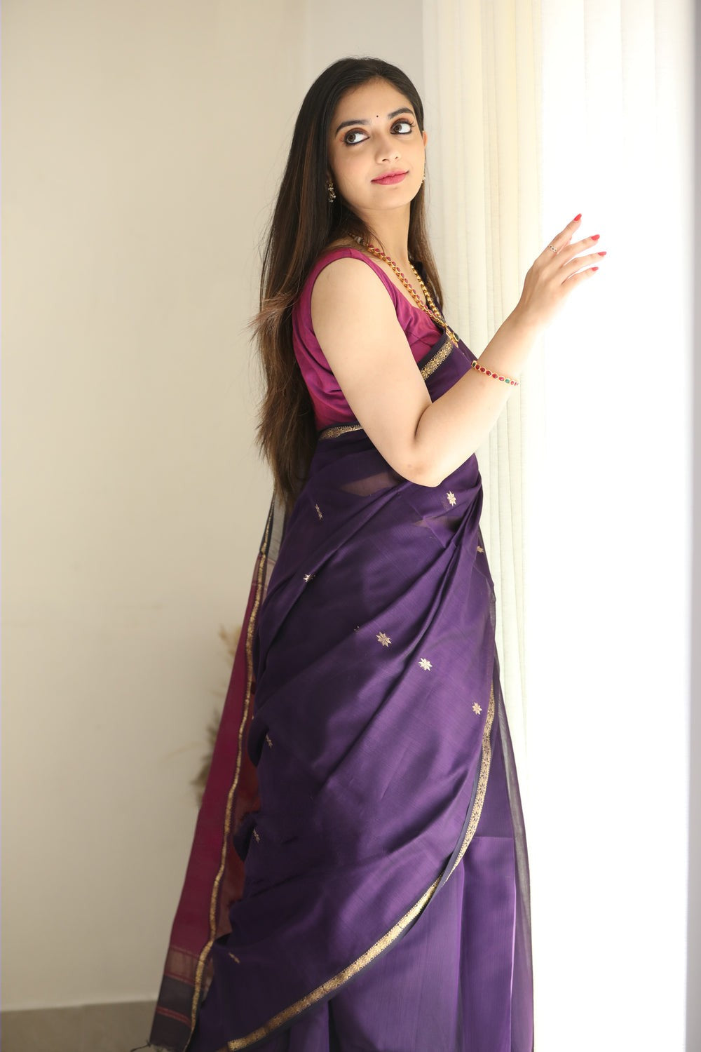 Palatinate Purple Maheshawari Cotton Silk Saree