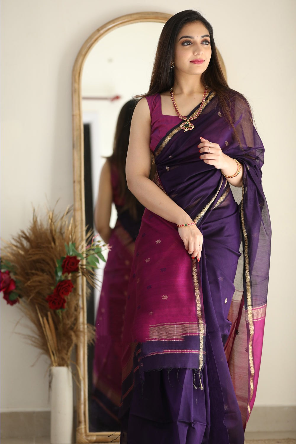 Palatinate Purple Maheshawari Cotton Silk Saree