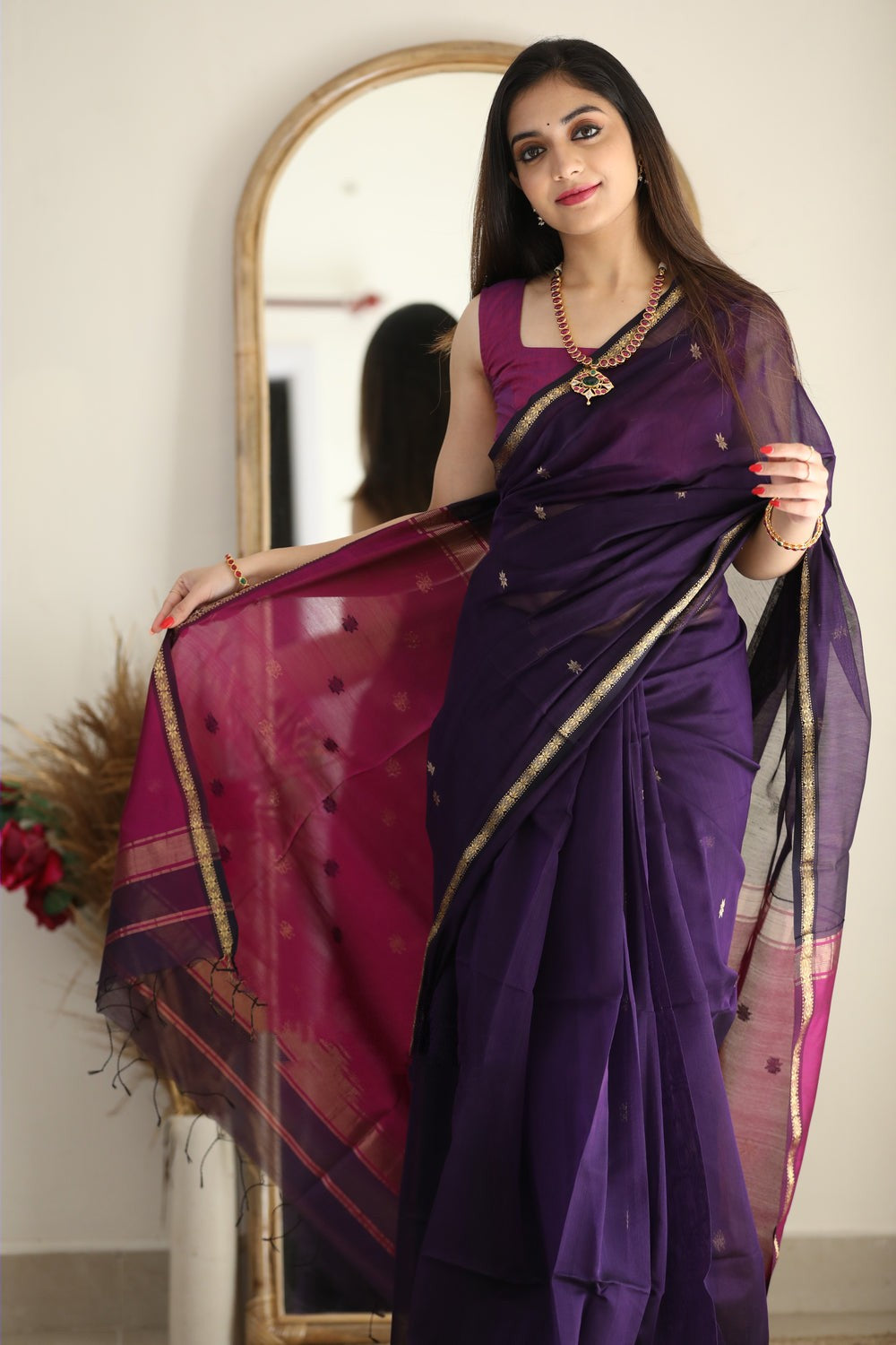 Palatinate Purple Maheshawari Cotton Silk Saree