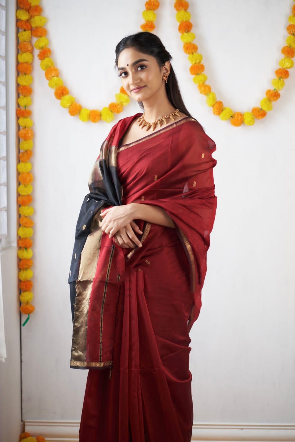 Brick Red Maheshawari Cotton Silk Saree