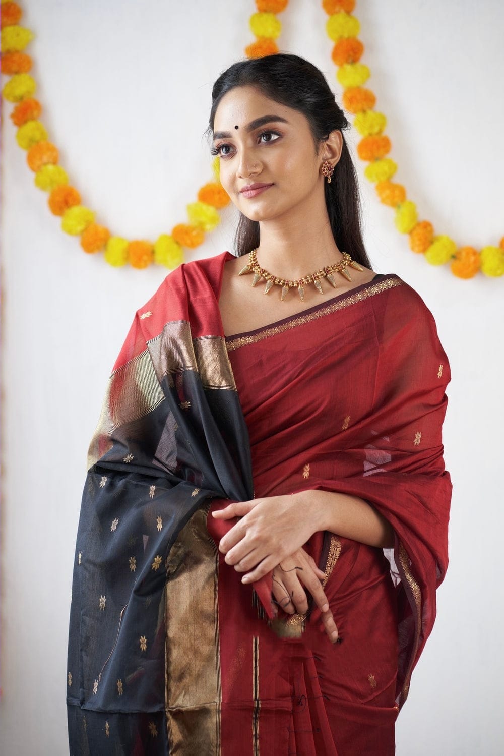 Brick Red Maheshawari Cotton Silk Saree