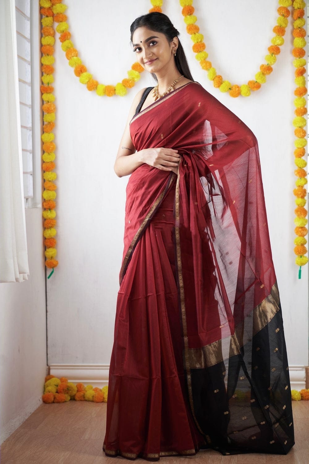 Brick Red Maheshawari Cotton Silk Saree