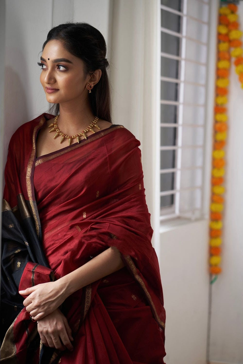 Brick Red Maheshawari Cotton Silk Saree