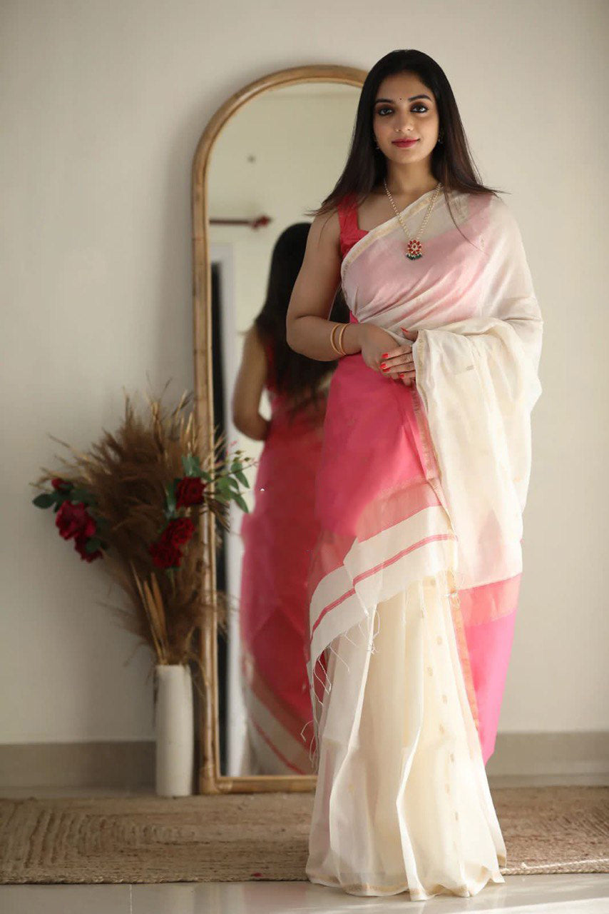 Floral White Maheshawari Cotton Silk Saree