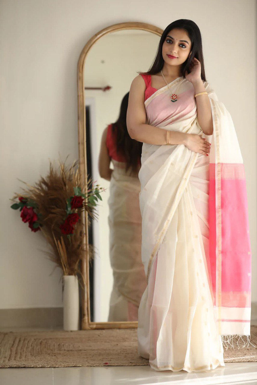 Floral White Maheshawari Cotton Silk Saree